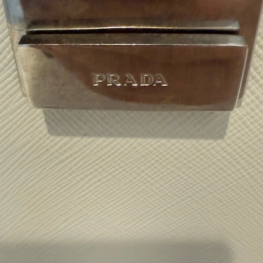 PRADA Ivory White Saffiano Leather Slim Flap Briefcase Laptop Bag With Lock